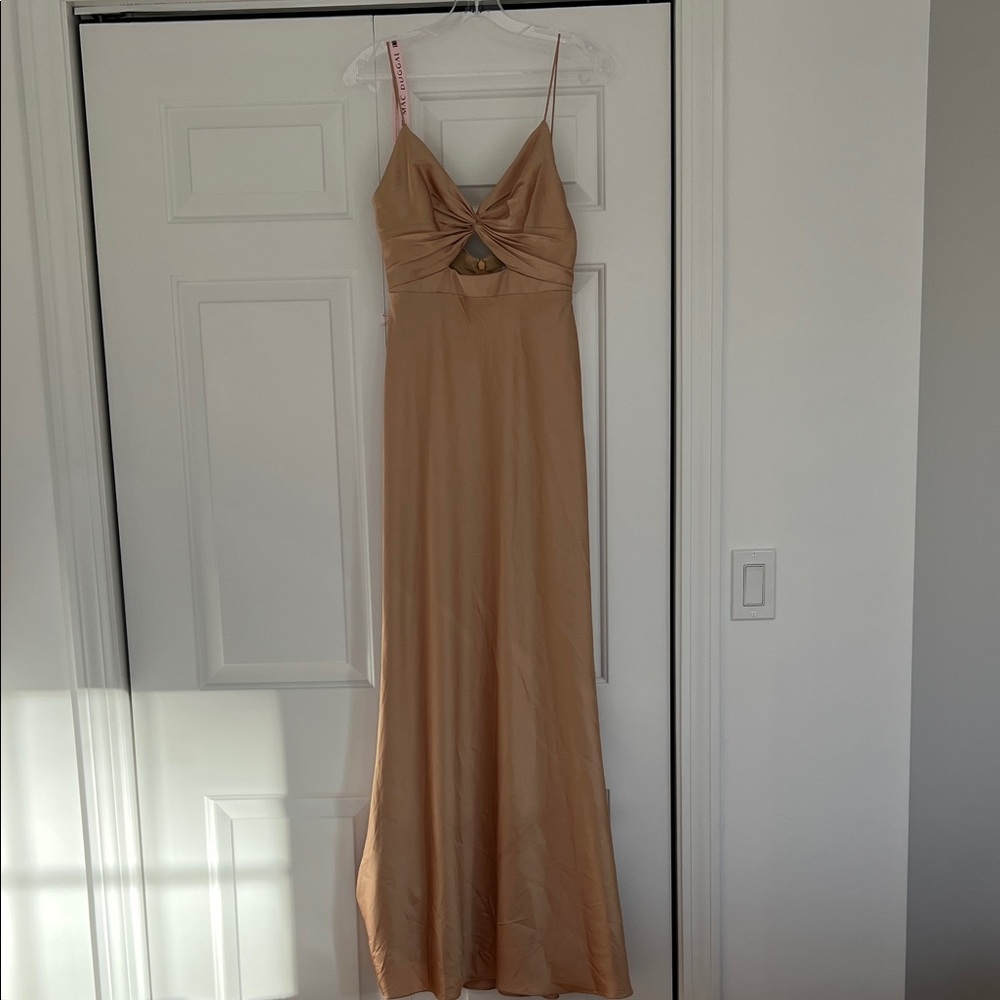 Mac Duggal Gold Silky Spaghetti Strap Maxi Prom Dress